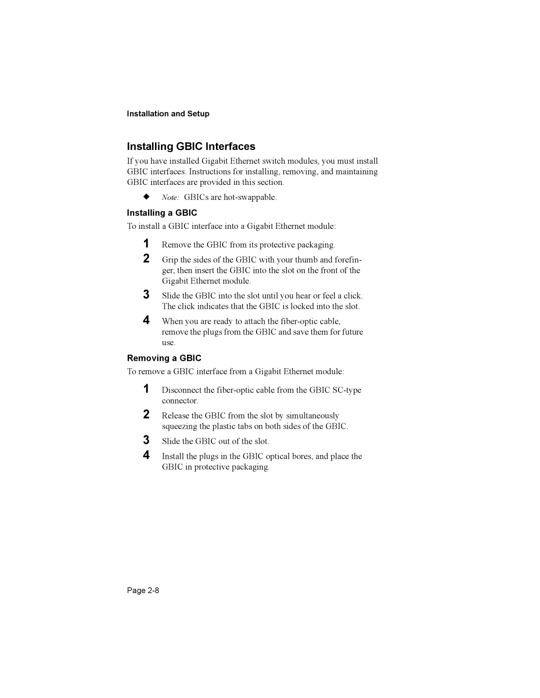 Asante Technologies 8000 user manual Installing Gbic Interfaces, Installing a Gbic, Removing a Gbic 