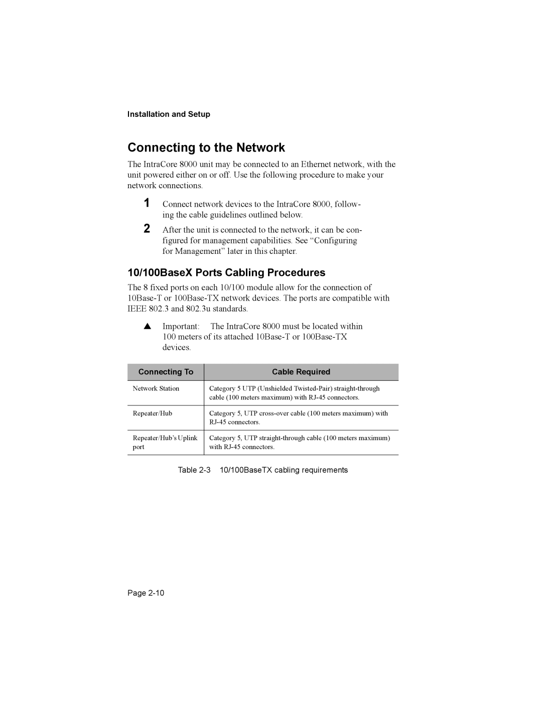 Asante Technologies 8000 Connecting to the Network, 10/100BaseX Ports Cabling Procedures, Connecting To Cable Required 