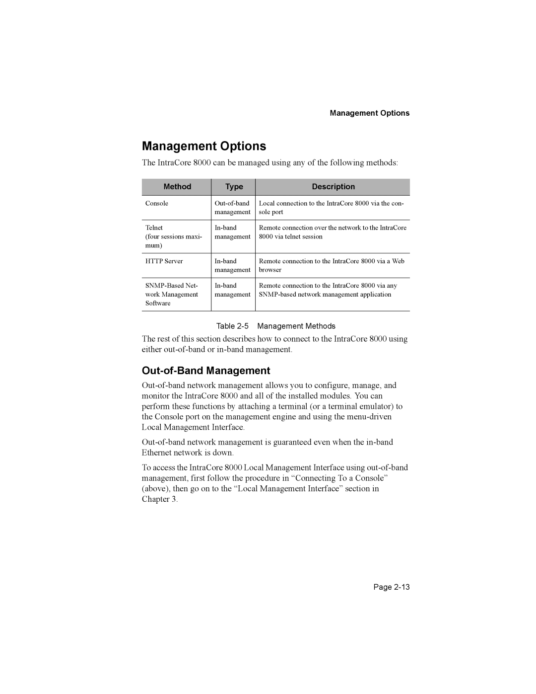 Asante Technologies 8000 user manual Management Options, Out-of-Band Management, Method Type Description 