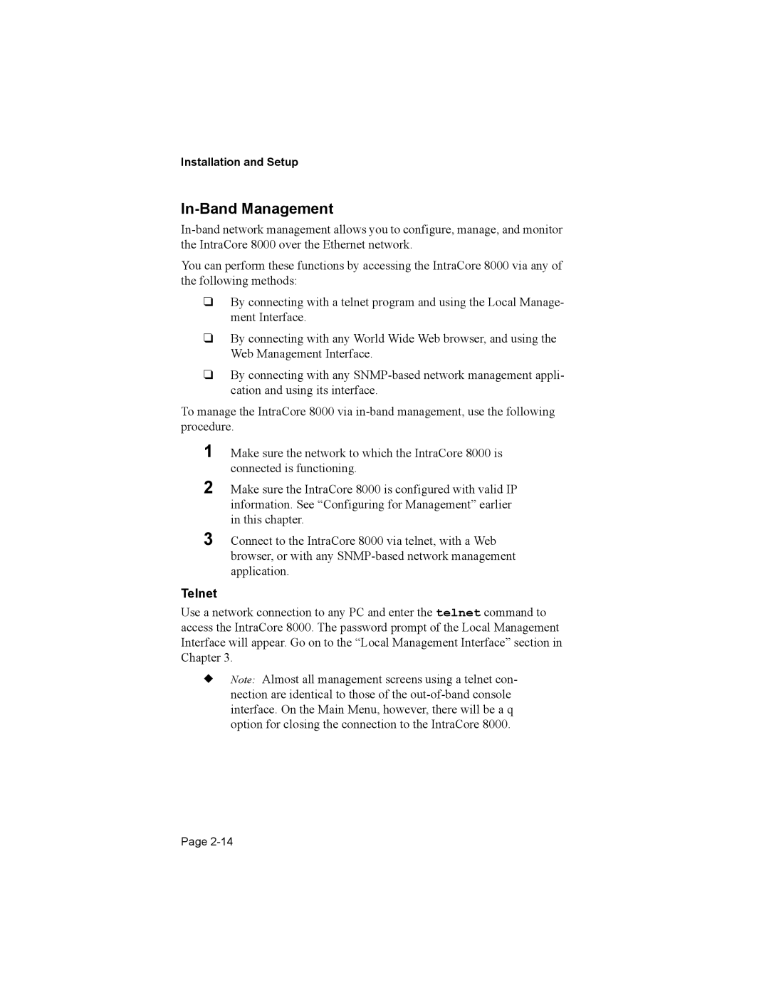 Asante Technologies 8000 user manual In-Band Management, Telnet 