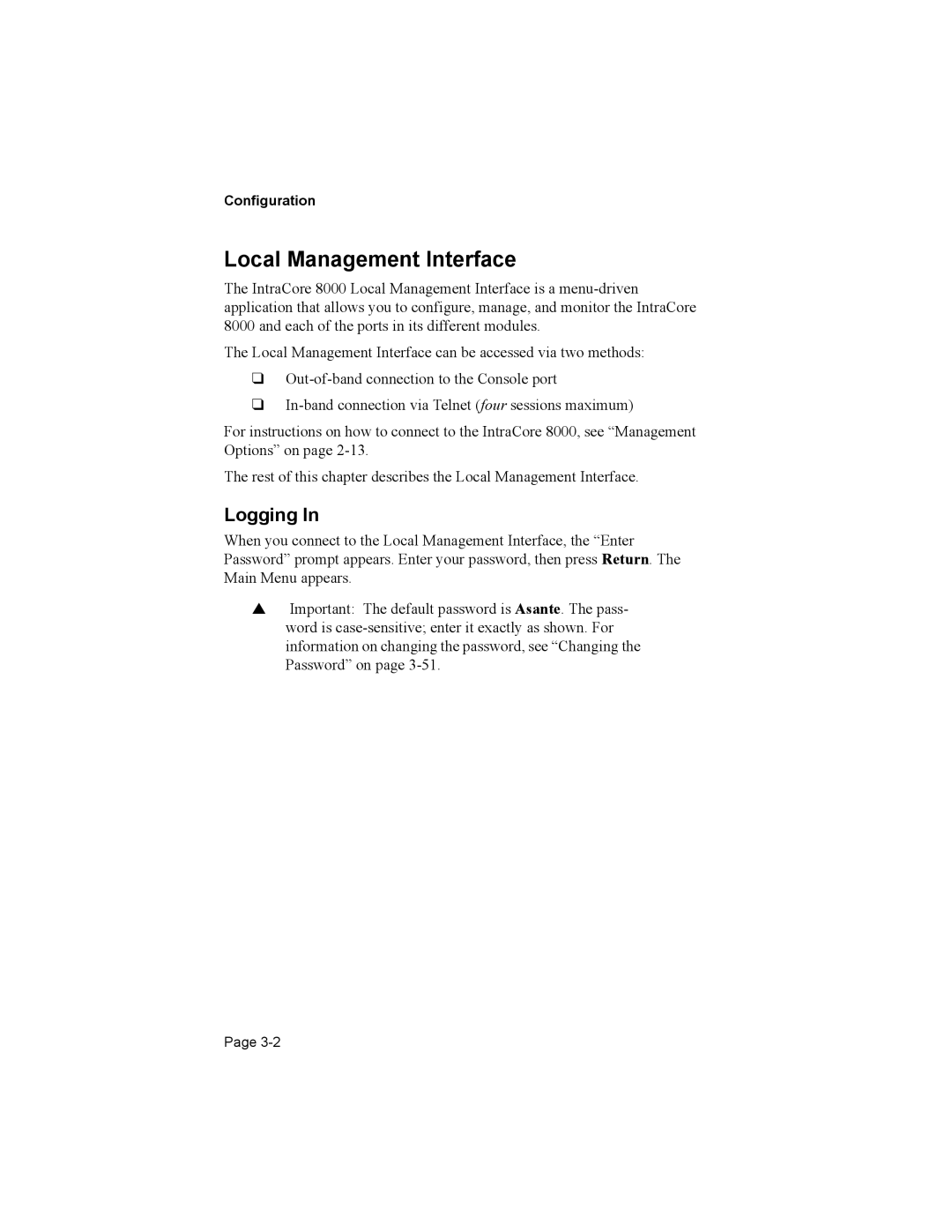 Asante Technologies 8000 user manual Local Management Interface, Logging 