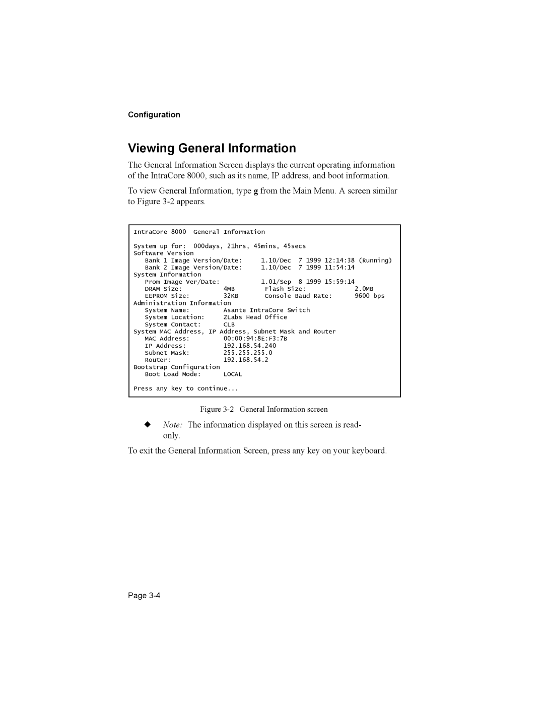 Asante Technologies 8000 user manual Viewing General Information, 4MB 