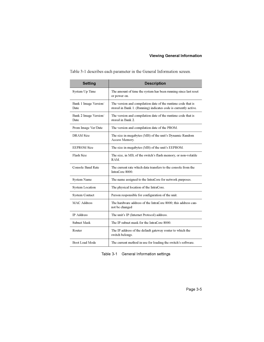 Asante Technologies 8000 user manual Viewing General Information, Setting Description 