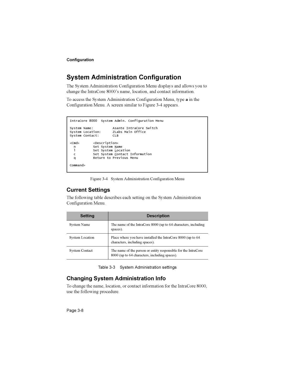 Asante Technologies 8000 System Administration Configuration, Current Settings, Changing System Administration Info 