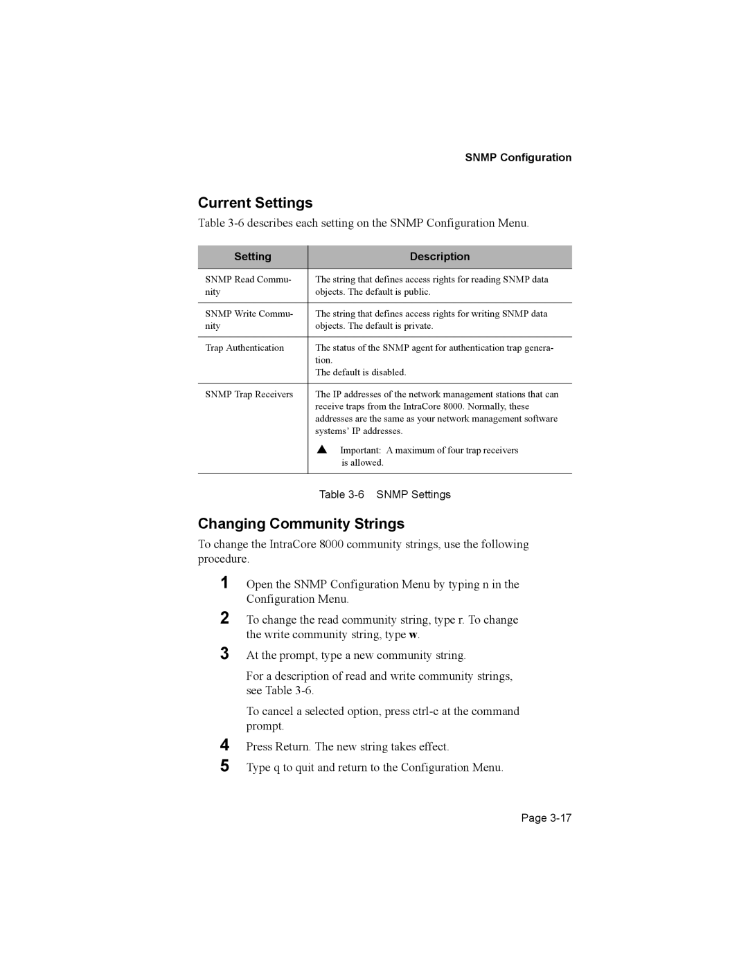 Asante Technologies 8000 user manual Changing Community Strings, Snmp Configuration 