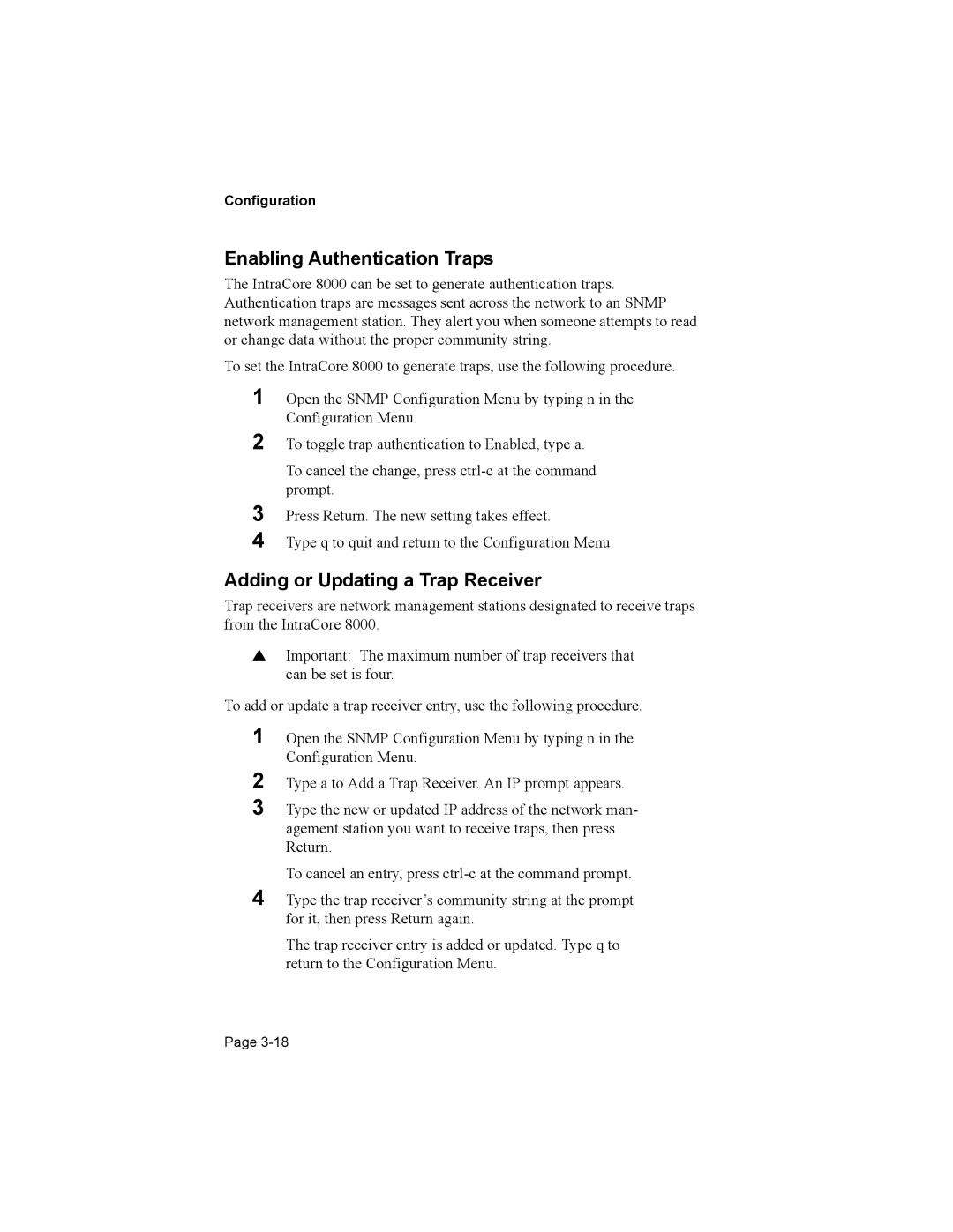 Asante Technologies 8000 user manual Enabling Authentication Traps, Adding or Updating a Trap Receiver 