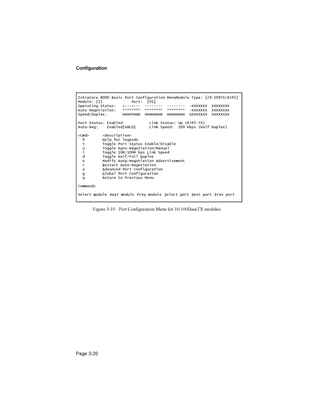 Asante Technologies 8000 user manual Port Configuration Menu for 10/100BaseTX modules 