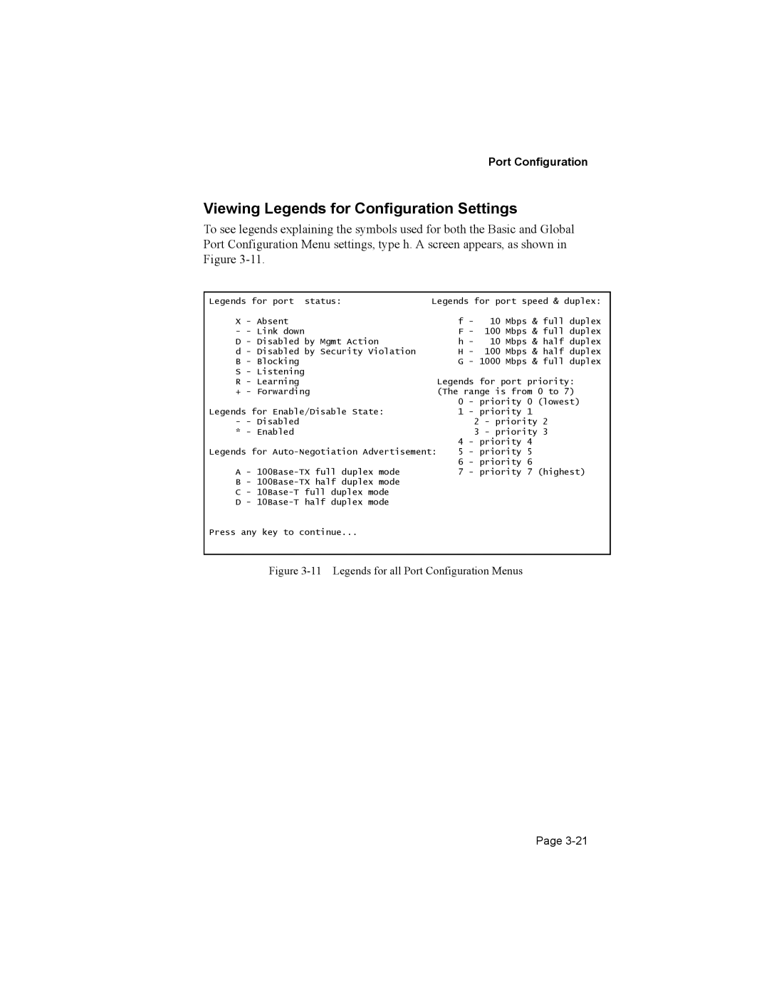 Asante Technologies 8000 user manual Viewing Legends for Configuration Settings, Legends for all Port Configuration Menus 