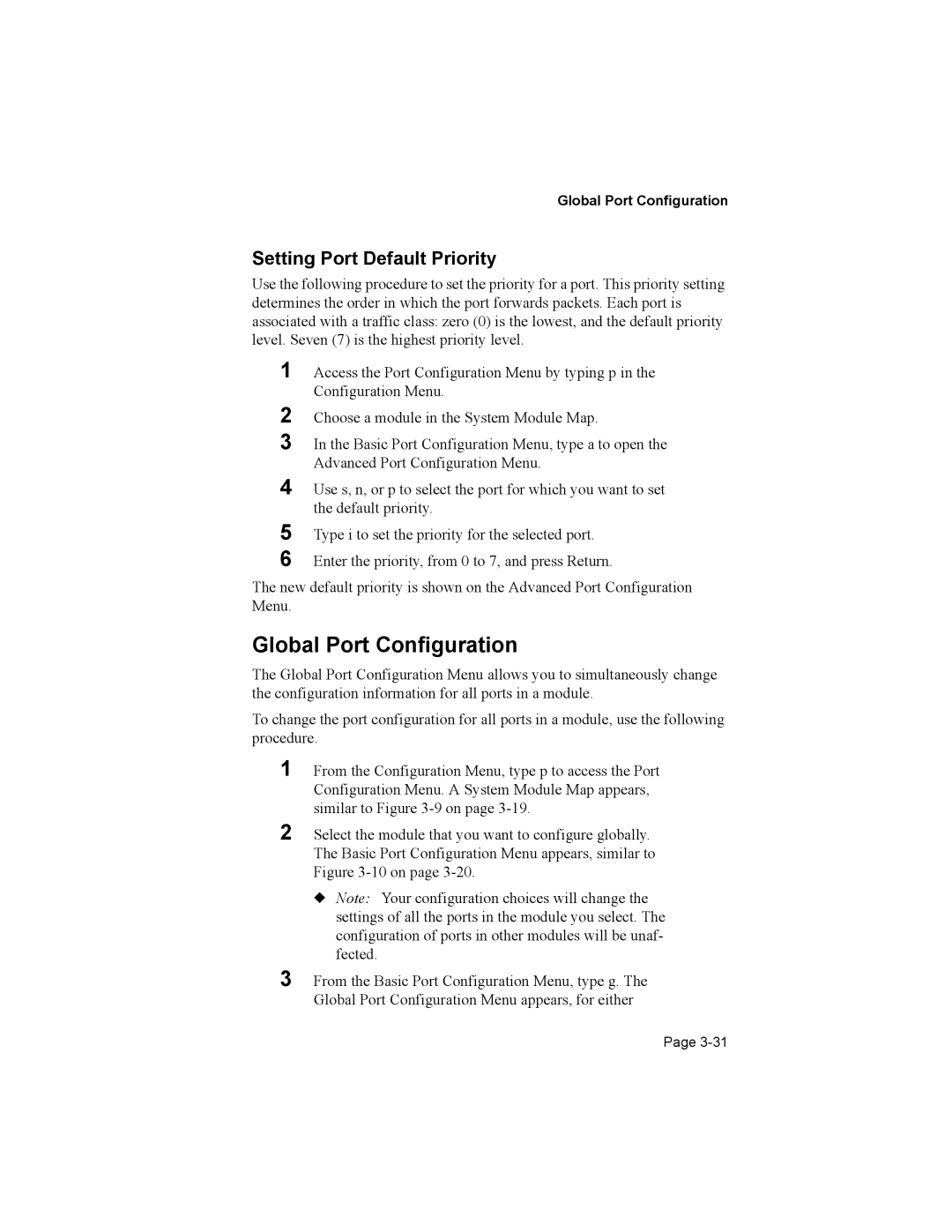 Asante Technologies 8000 user manual Global Port Configuration, Setting Port Default Priority 