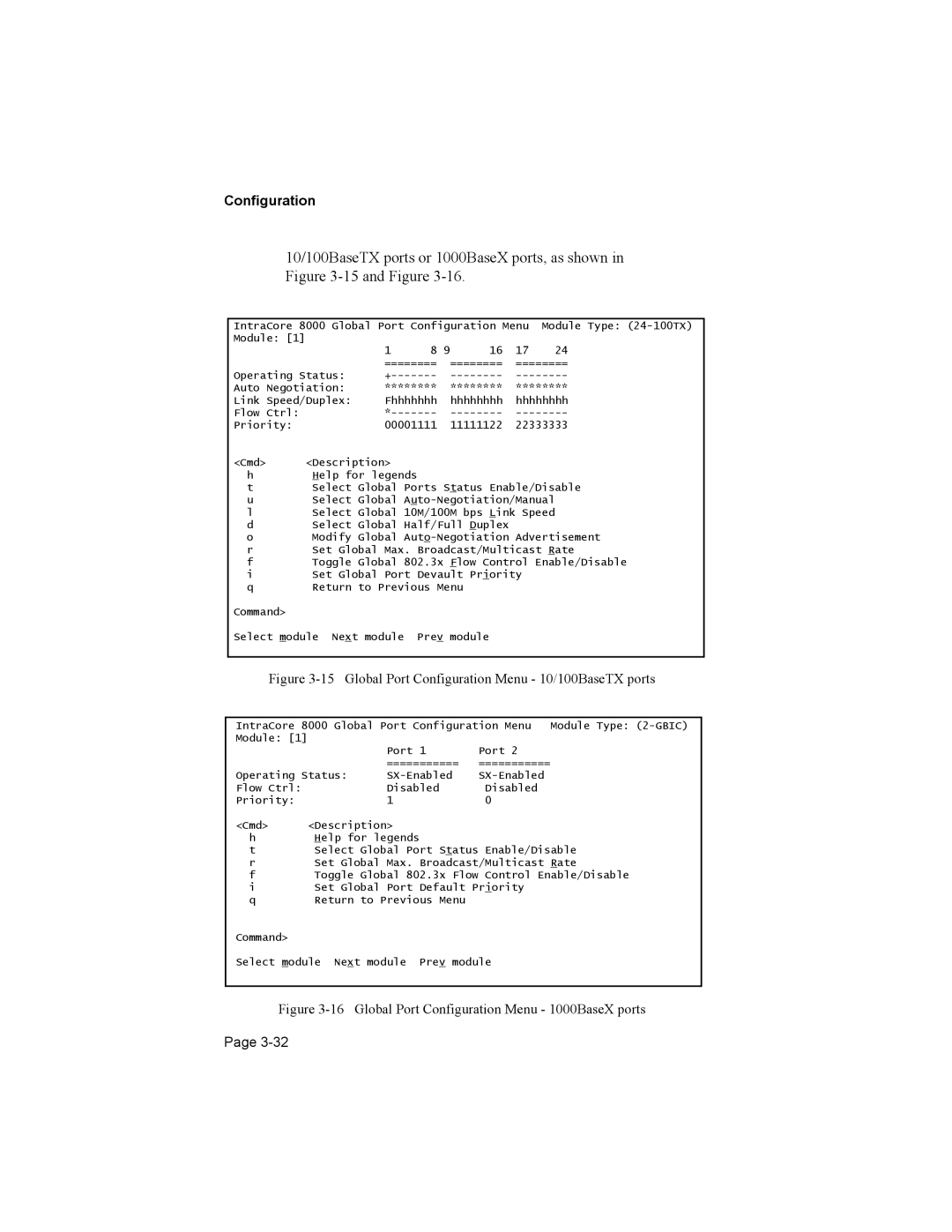 Asante Technologies 8000 user manual Global Port Configuration Menu 10/100BaseTX ports 