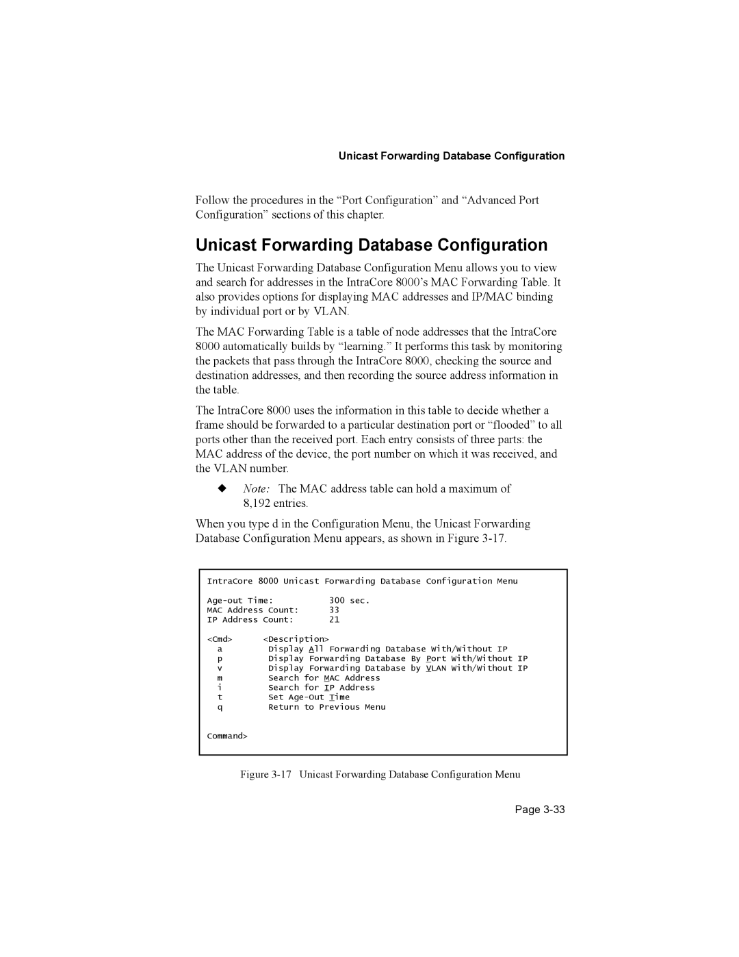 Asante Technologies 8000 user manual Unicast Forwarding Database Configuration 