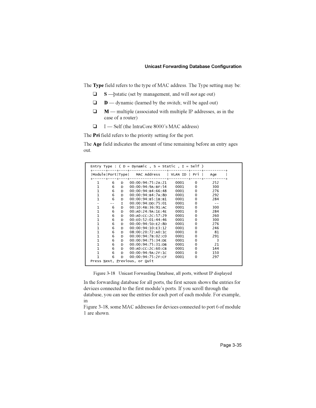 Asante Technologies 8000 user manual Unicast Forwarding Database Configuration 