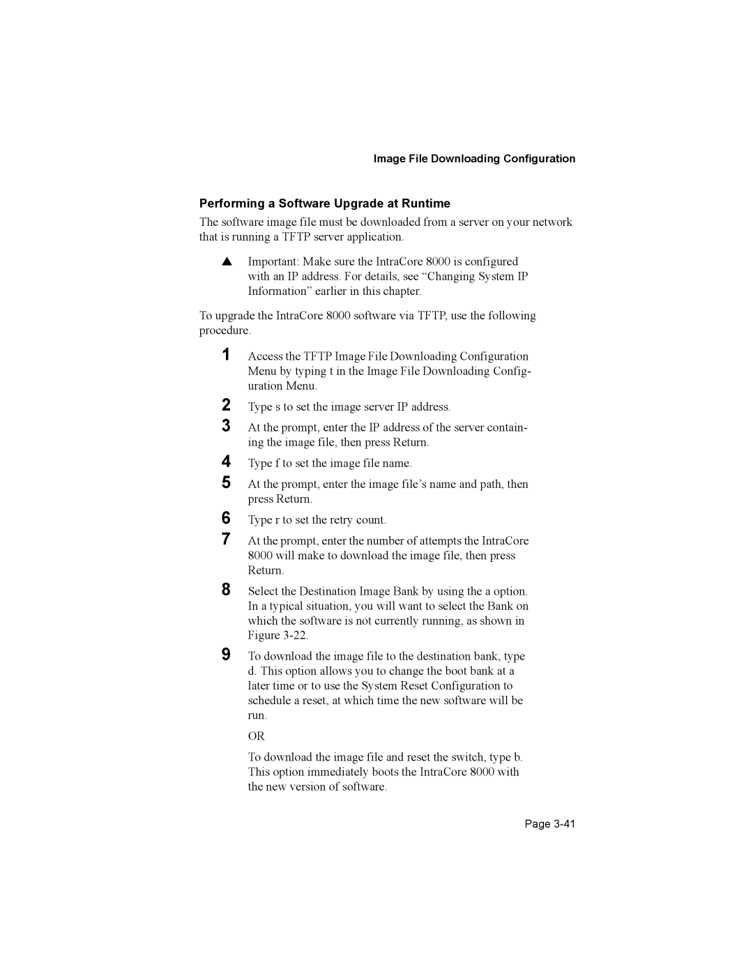 Asante Technologies 8000 user manual Performing a Software Upgrade at Runtime 