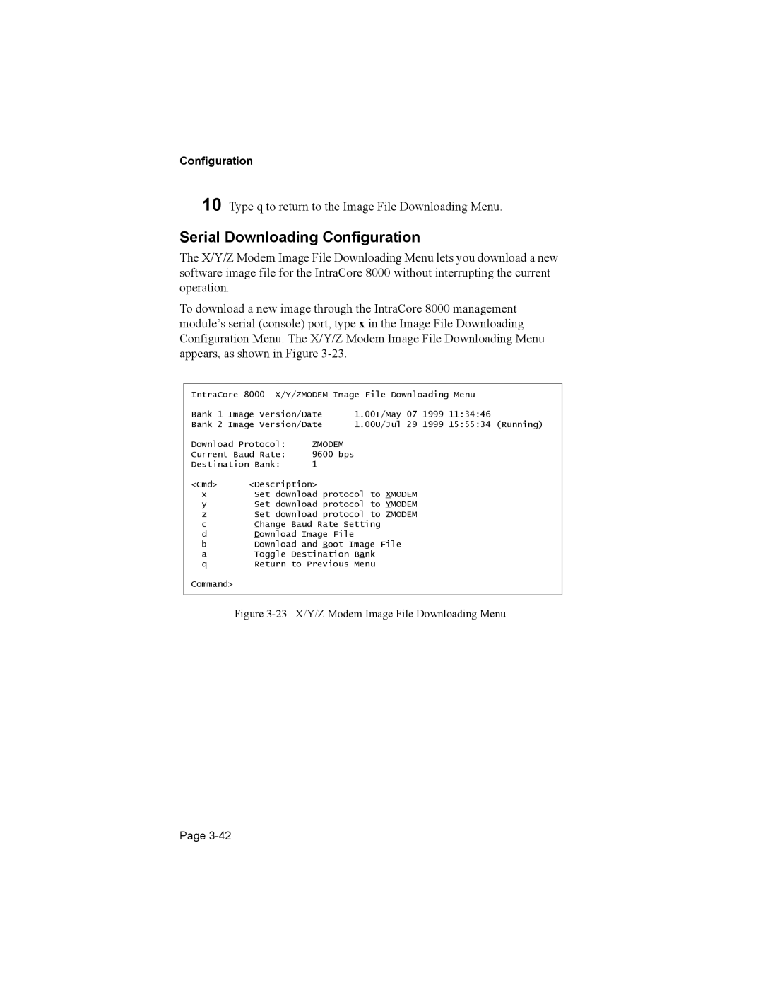 Asante Technologies 8000 user manual Serial Downloading Configuration, 23 X/Y/Z Modem Image File Downloading Menu 