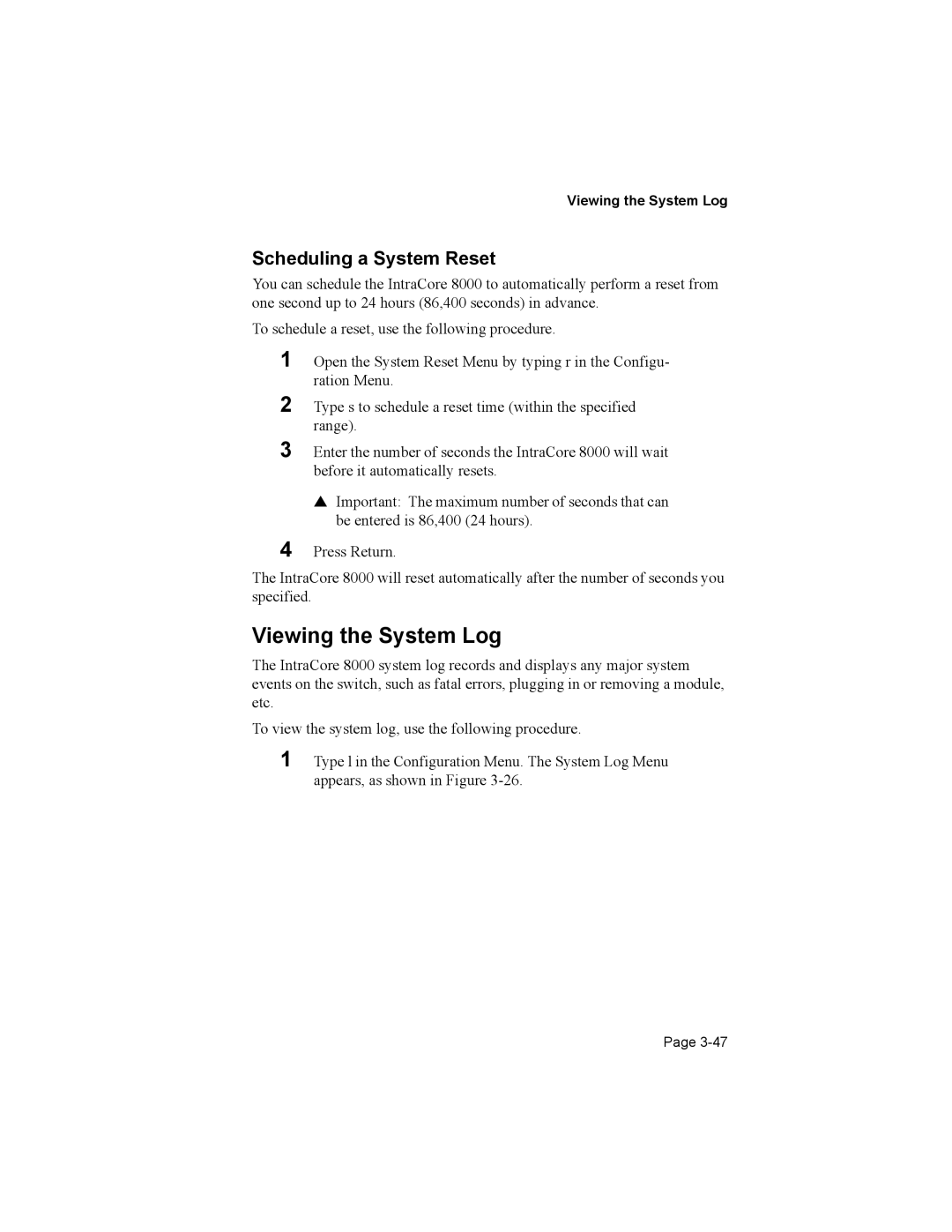 Asante Technologies 8000 user manual Viewing the System Log, Scheduling a System Reset 