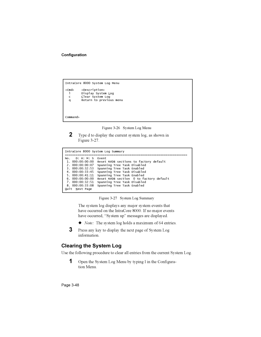 Asante Technologies 8000 user manual Clearing the System Log, System Log Menu 