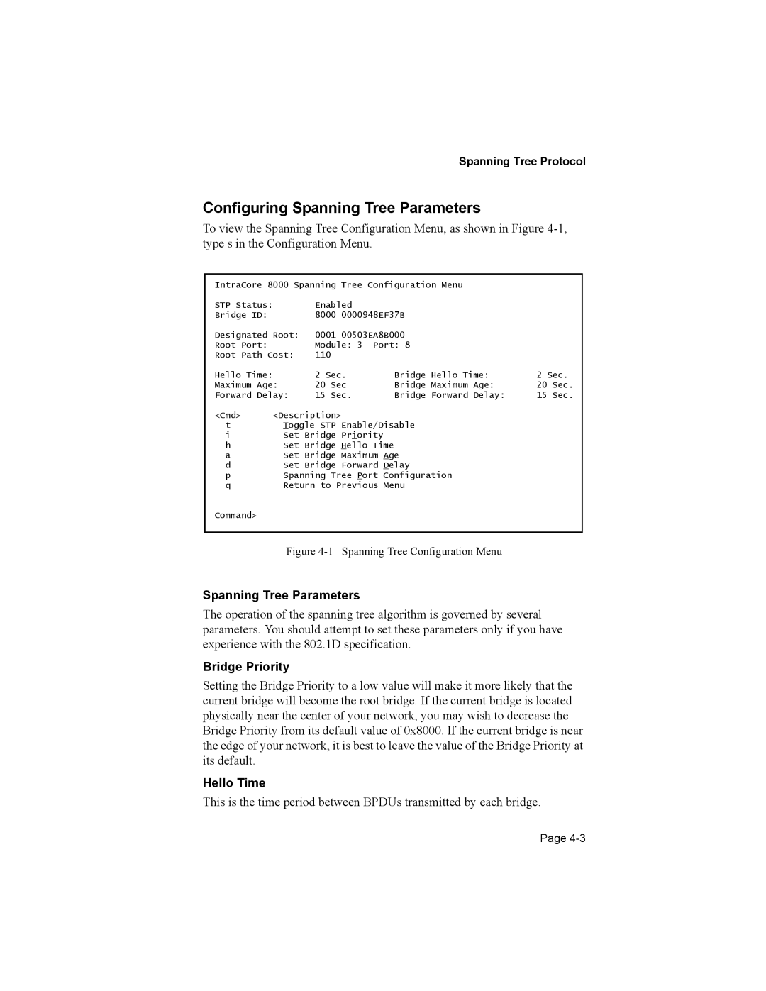 Asante Technologies 8000 Configuring Spanning Tree Parameters, Bridge Priority, Hello Time, Spanning Tree Protocol 