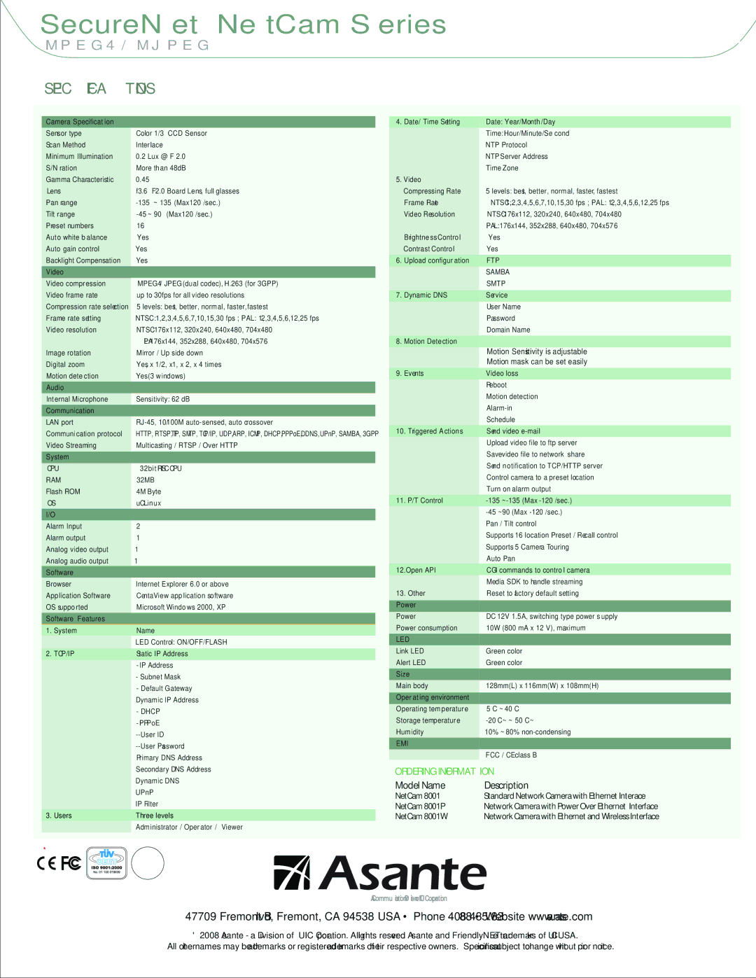 Asante Technologies 8001 manual Cpu, Ram, Tcp/Ip, Dhcp, Ftp, Samba, Smtp, Led, Emi 