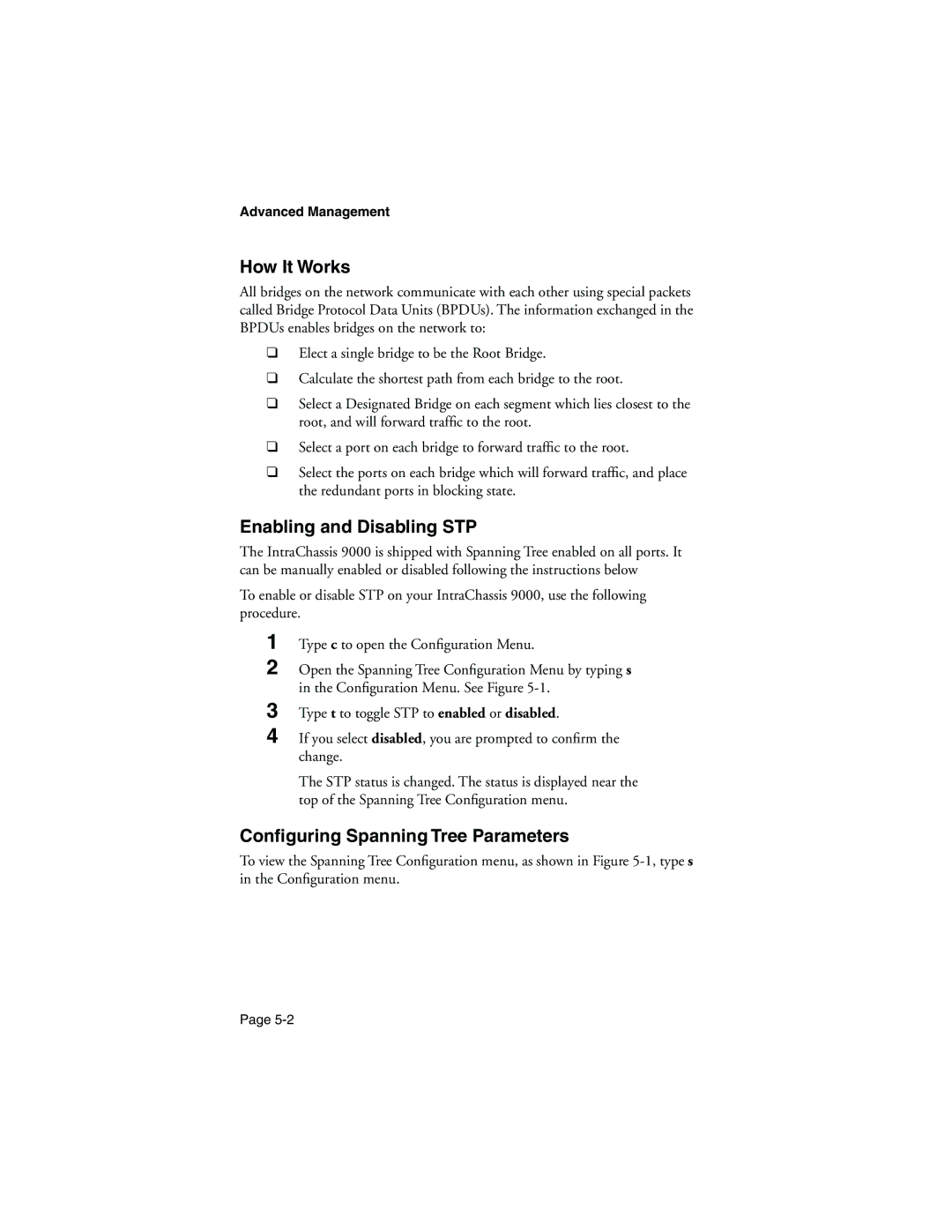 Asante Technologies 9000 manual How It Works, Enabling and Disabling STP, Conﬁguring Spanning Tree Parameters 