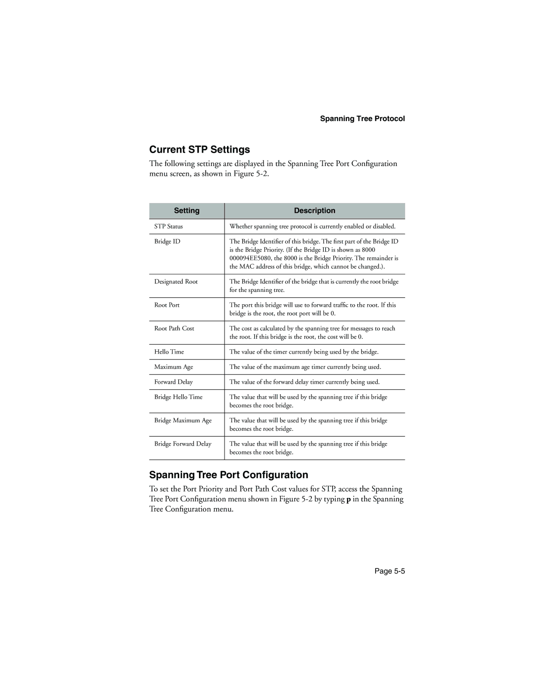 Asante Technologies 9000 manual Current STP Settings, Spanning Tree Port Conﬁguration 