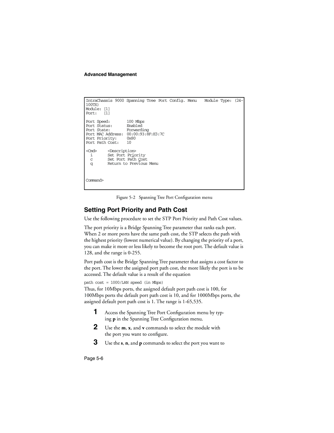 Asante Technologies 9000 manual Setting Port Priority and Path Cost, Spanning Tree Port Conﬁguration menu 