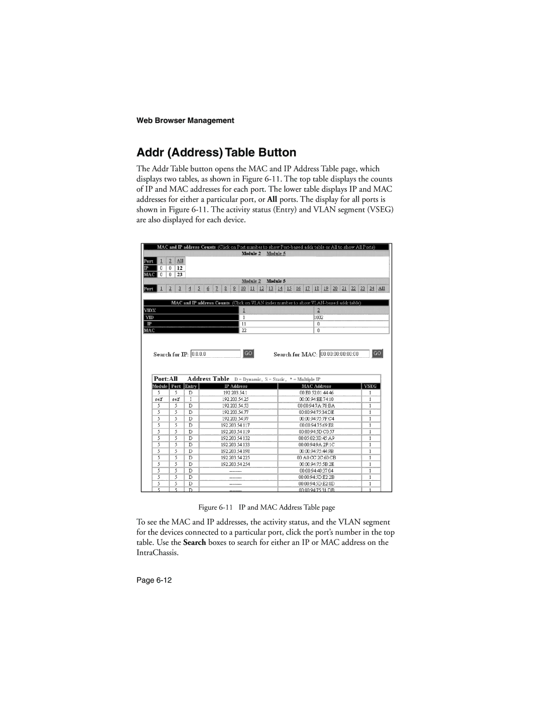 Asante Technologies 9000 manual Addr Address Table Button, IP and MAC Address Table 