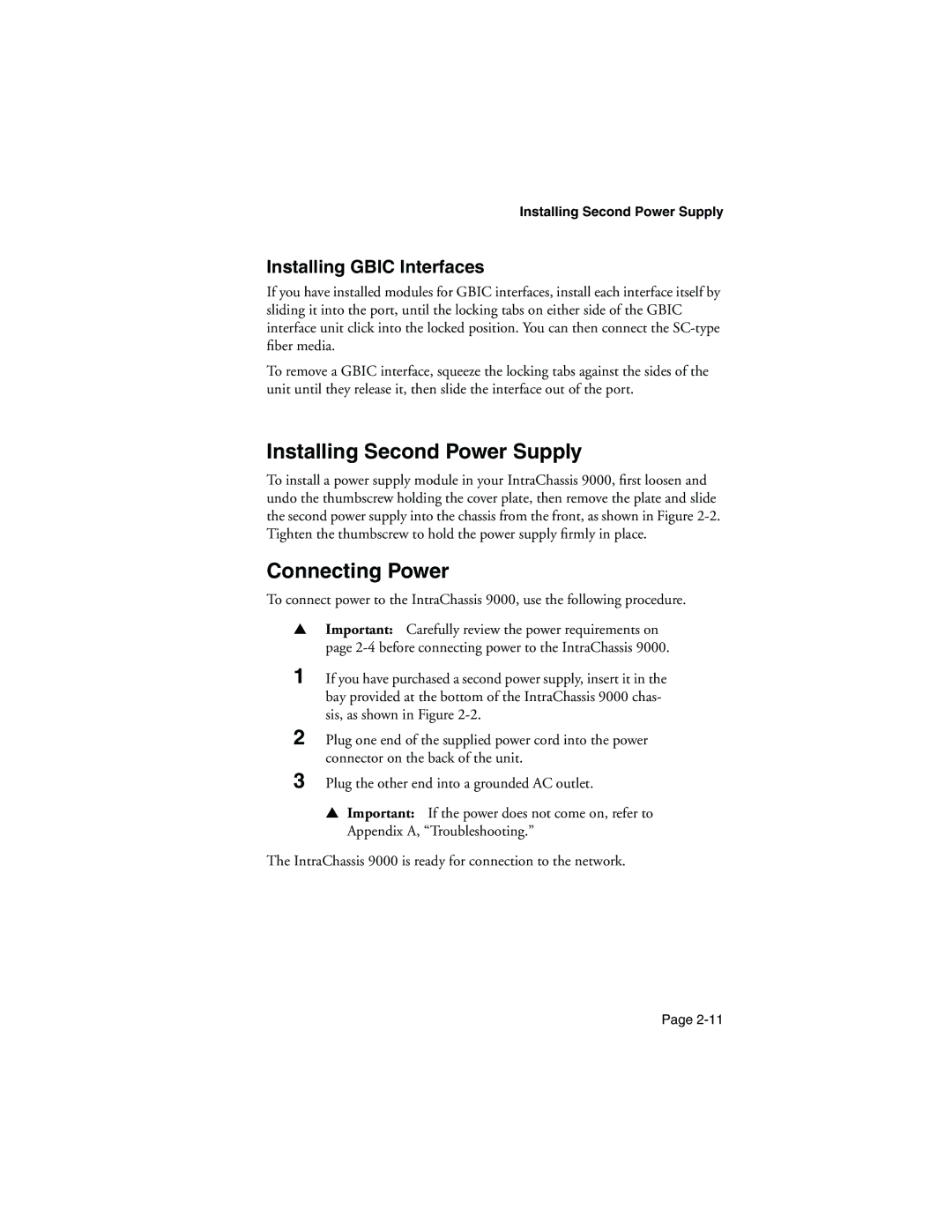 Asante Technologies 9000 manual Installing Second Power Supply, Connecting Power, Installing Gbic Interfaces 