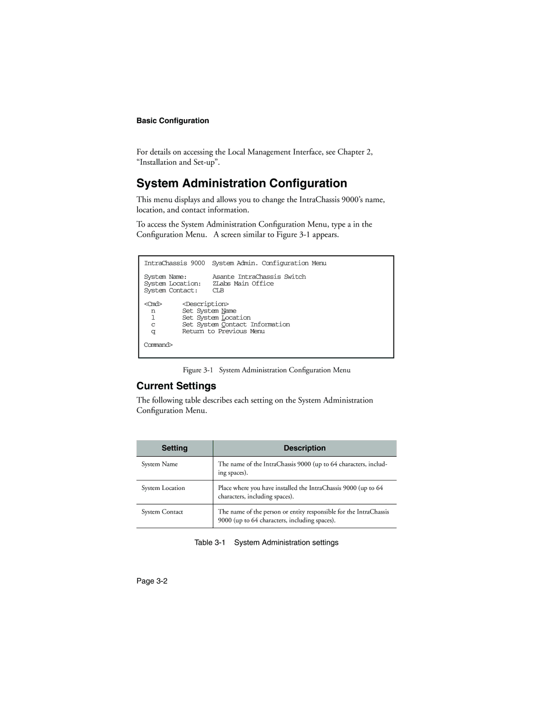 Asante Technologies 9000 System Administration Conﬁguration, Current Settings, Basic Configuration, Setting Description 