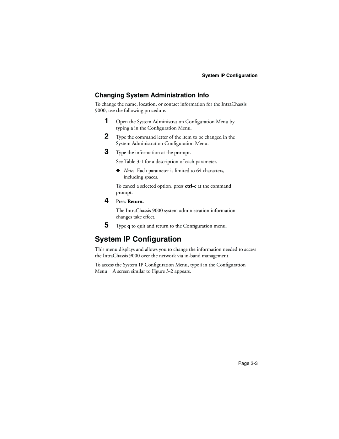 Asante Technologies 9000 manual System IP Conﬁguration, Changing System Administration Info, System IP Configuration 