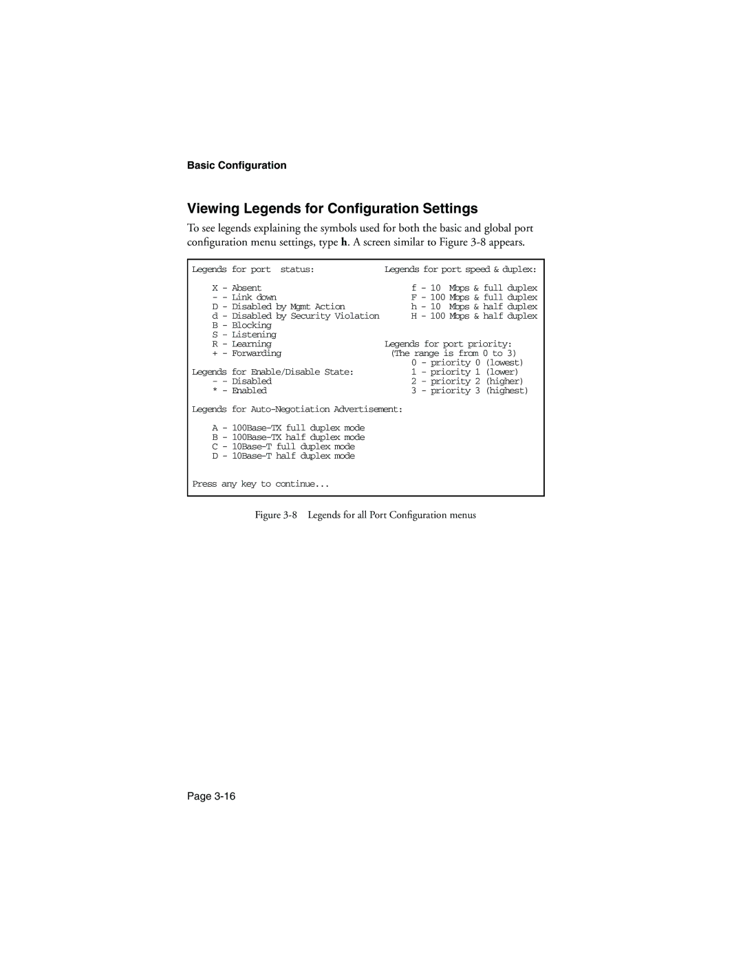 Asante Technologies 9000 manual Viewing Legends for Conﬁguration Settings 