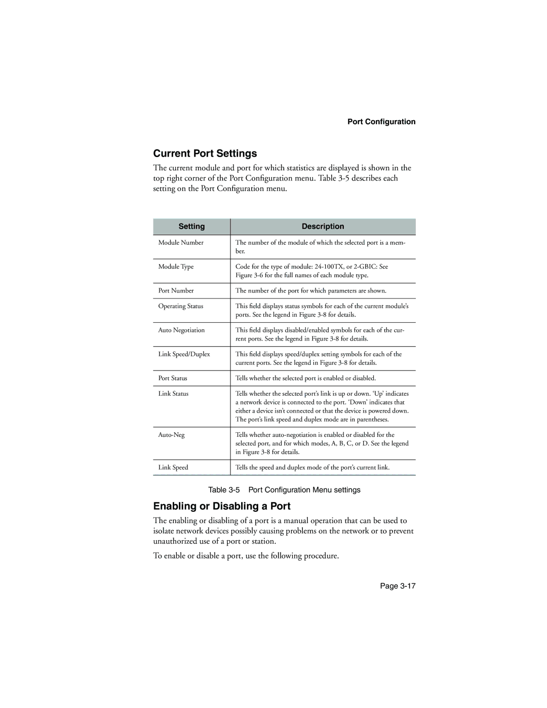 Asante Technologies 9000 manual Current Port Settings, Enabling or Disabling a Port 