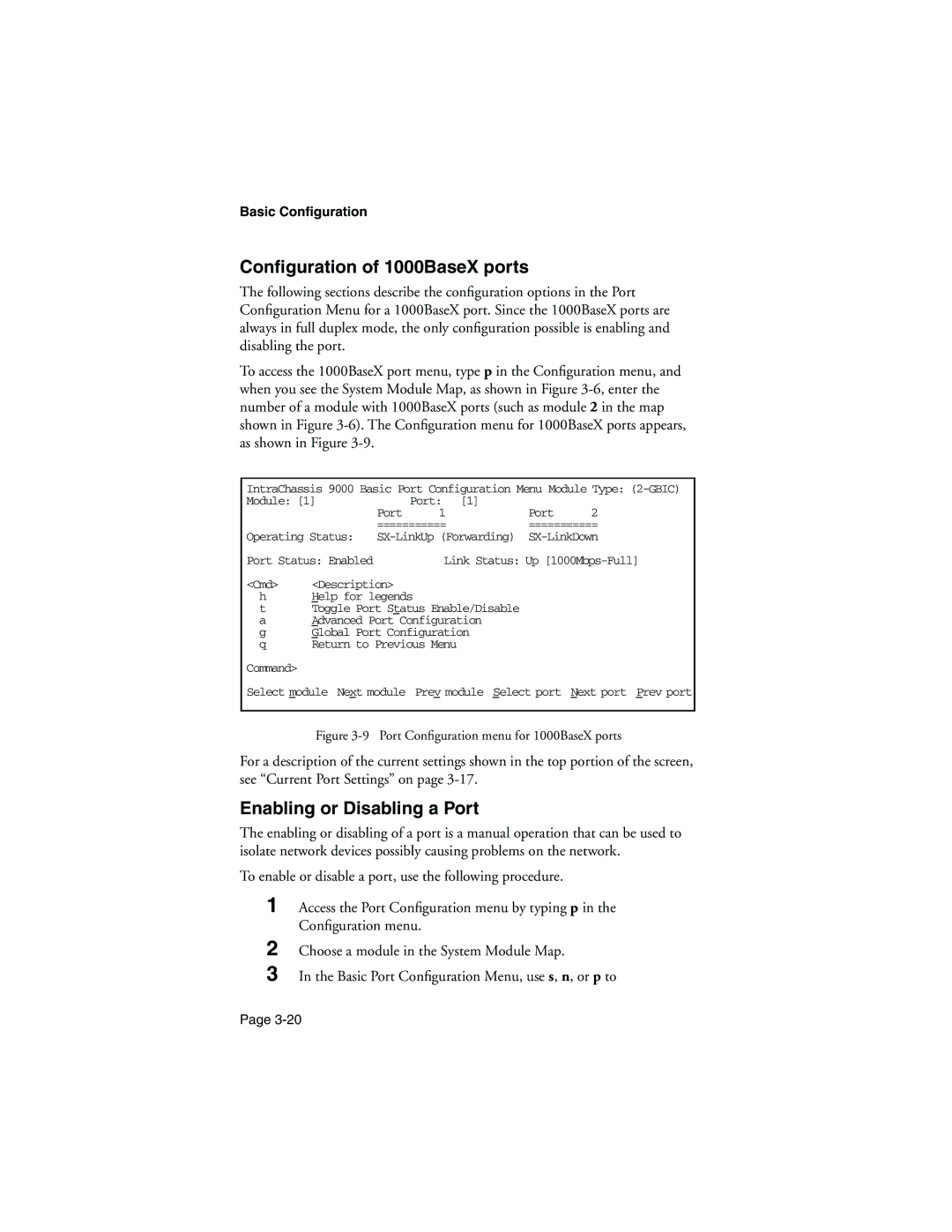 Asante Technologies 9000 manual Conﬁguration of 1000BaseX ports, Port Conﬁguration menu for 1000BaseX ports 