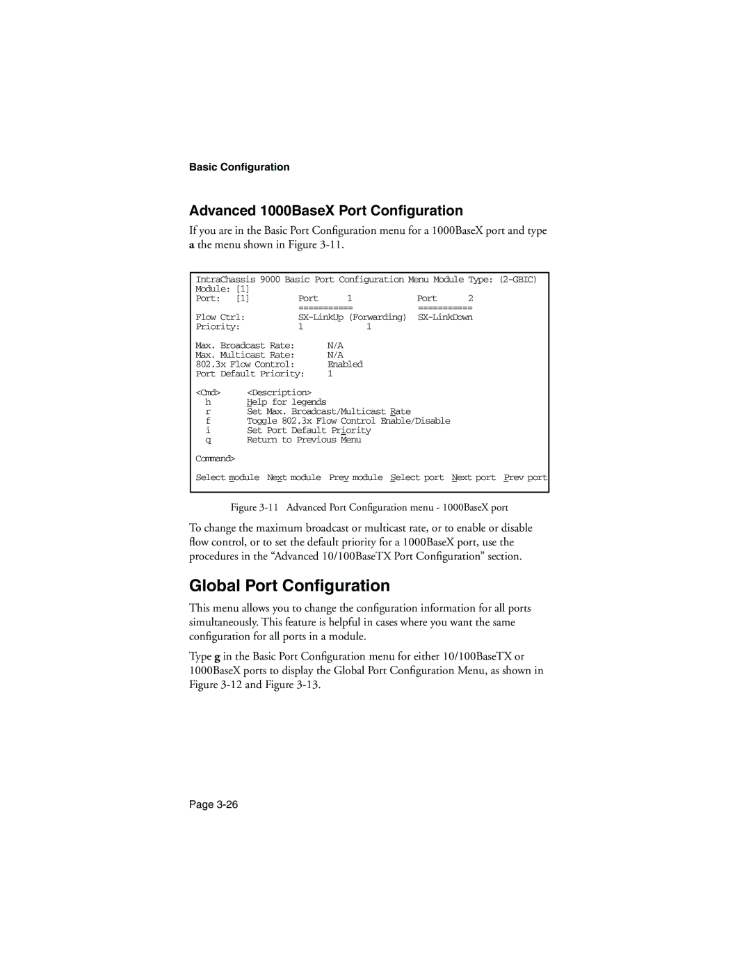 Asante Technologies 9000 manual Global Port Conﬁguration, Advanced 1000BaseX Port Conﬁguration 