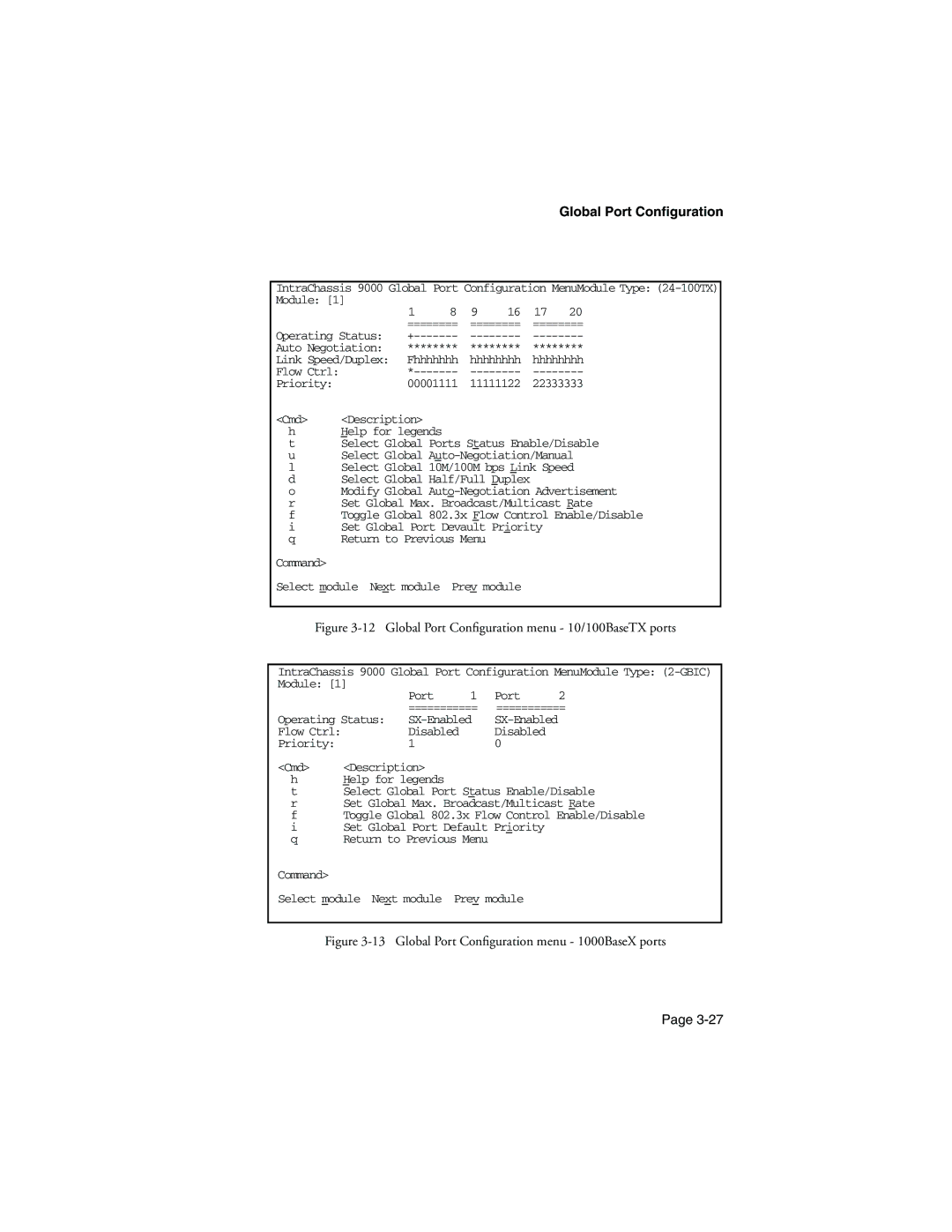 Asante Technologies 9000 manual Global Port Configuration, Global Port Conﬁguration menu 10/100BaseTX ports 