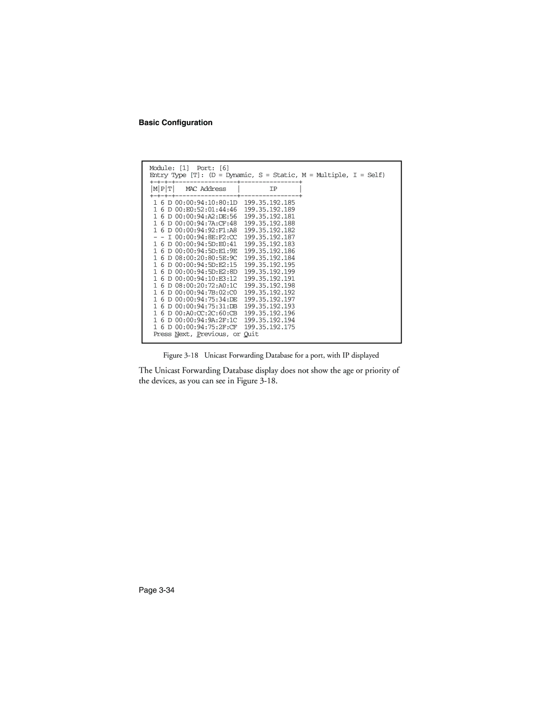 Asante Technologies 9000 manual Unicast Forwarding Database for a port, with IP displayed 