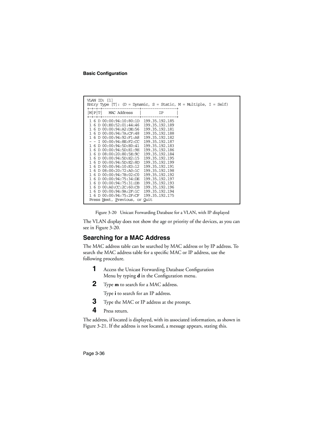 Asante Technologies 9000 manual Searching for a MAC Address, Unicast Forwarding Database for a VLAN, with IP displayed 