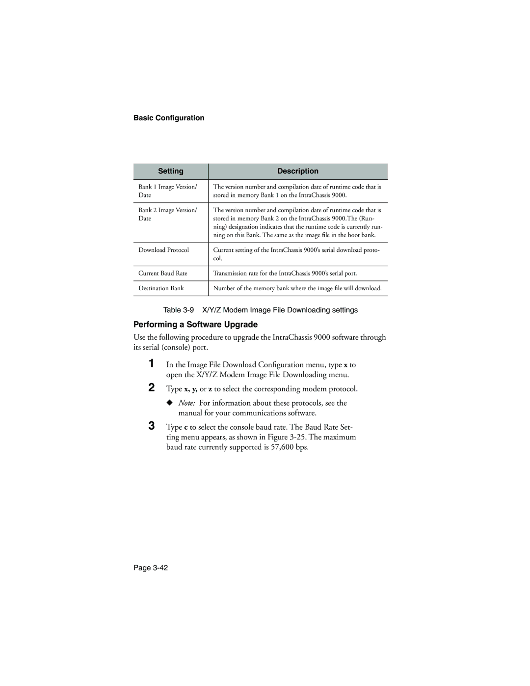 Asante Technologies 9000 manual Performing a Software Upgrade, Basic Configuration Setting Description 