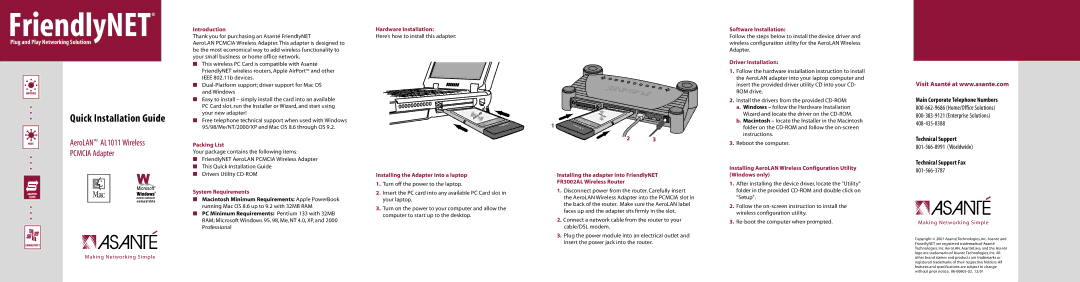 Asante Technologies AL1011 specifications Introduction, Packing List, System Requirements, Hardware Installation 