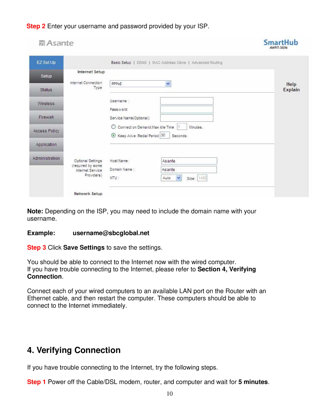 Asante Technologies AWRT-300N user manual Verifying Connection, Example username@sbcglobal.net 