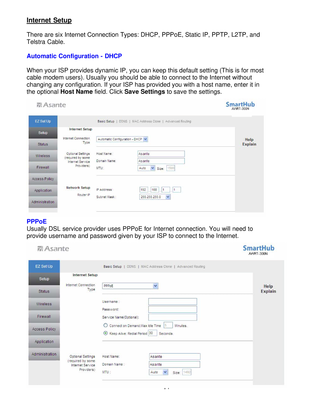 Asante Technologies AWRT-300N user manual Internet Setup, Automatic Configuration Dhcp, PPPoE 