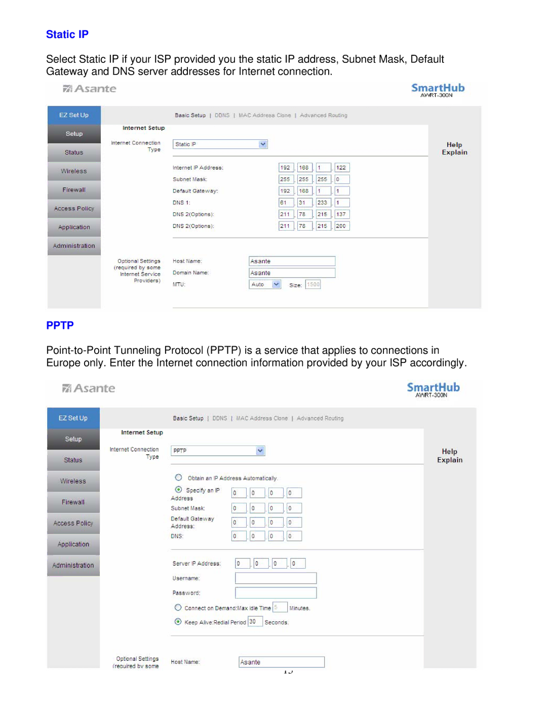 Asante Technologies AWRT-300N user manual Static IP, Pptp 