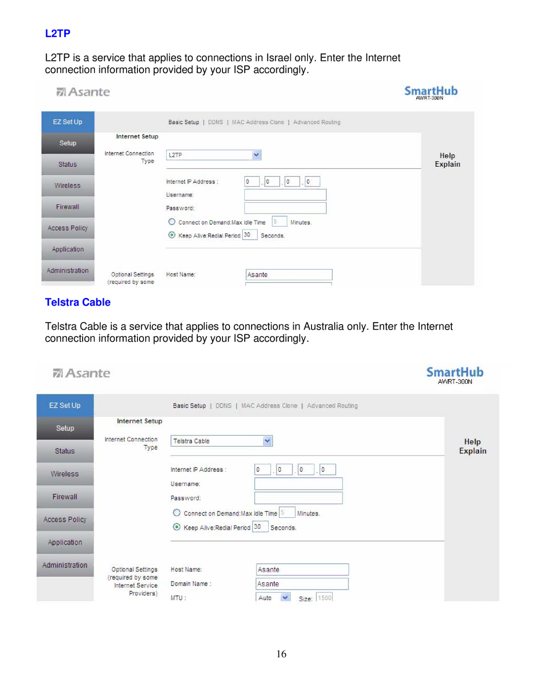 Asante Technologies AWRT-300N user manual L2TP, Telstra Cable 