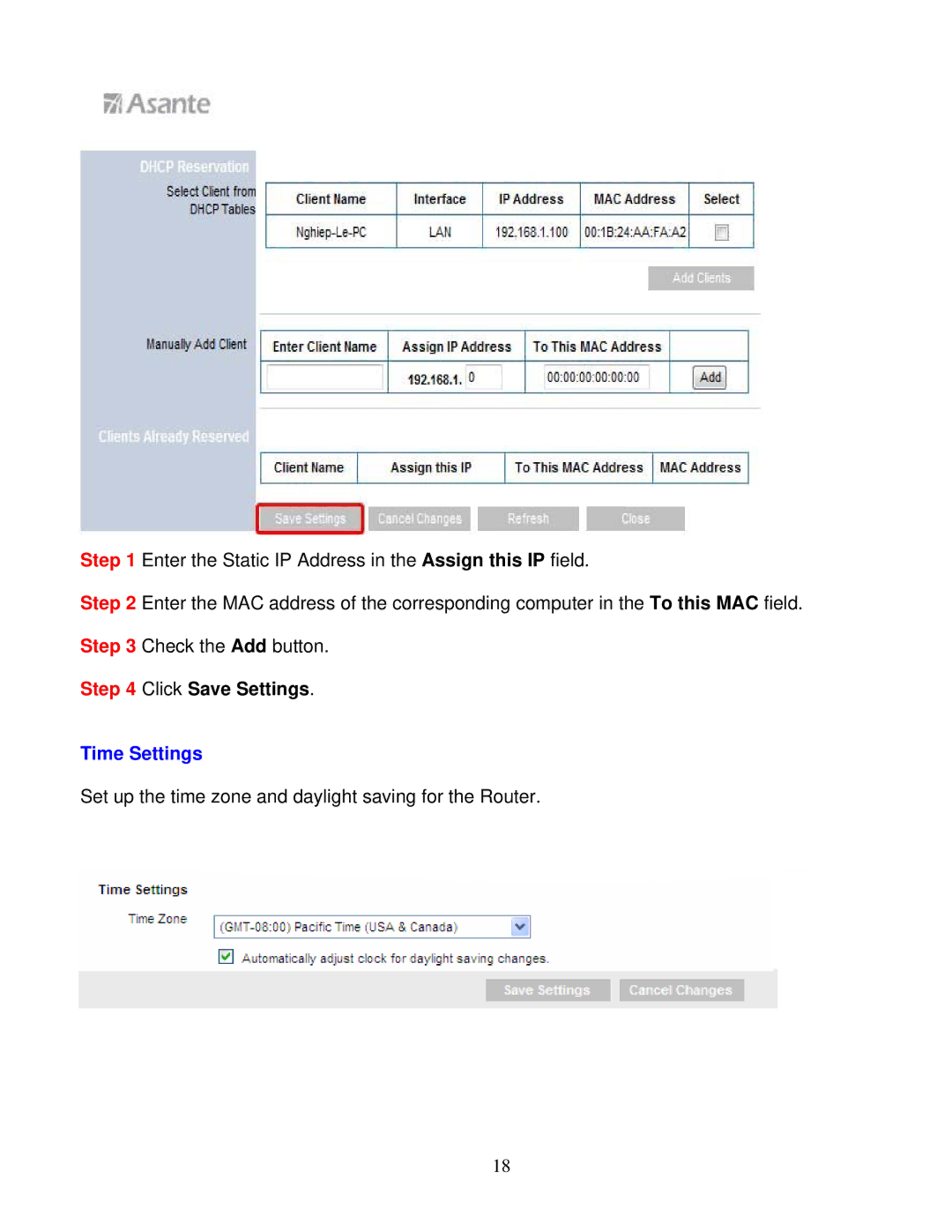 Asante Technologies AWRT-300N user manual Click Save Settings, Time Settings 