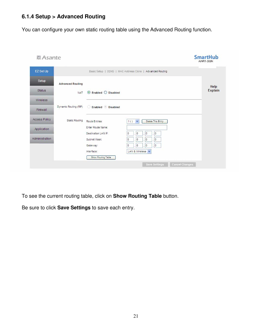 Asante Technologies AWRT-300N user manual Setup Advanced Routing 