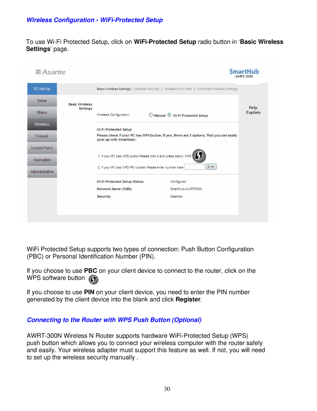 Asante Technologies AWRT-300N user manual Wireless Configuration WiFi-Protected Setup 