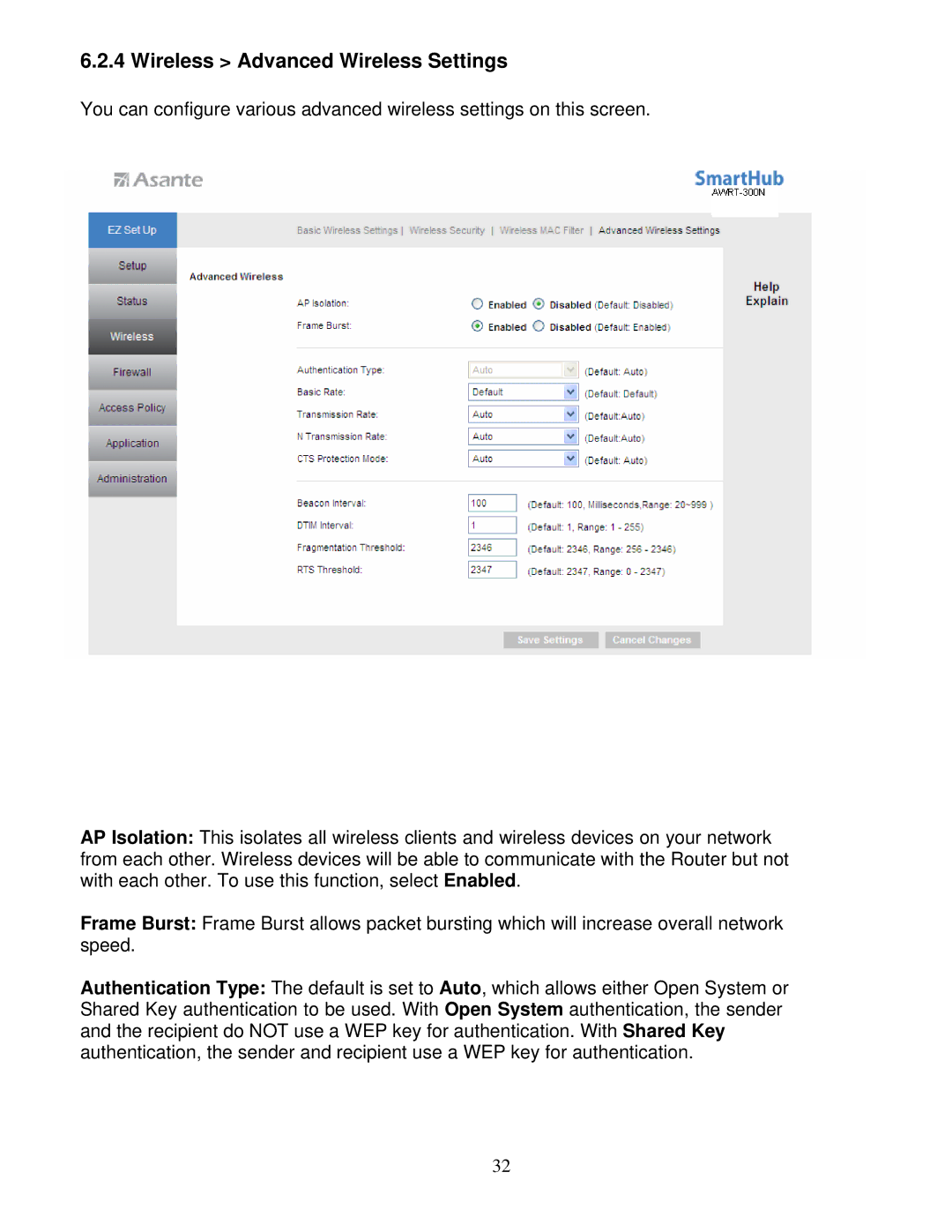 Asante Technologies AWRT-300N user manual Wireless Advanced Wireless Settings 