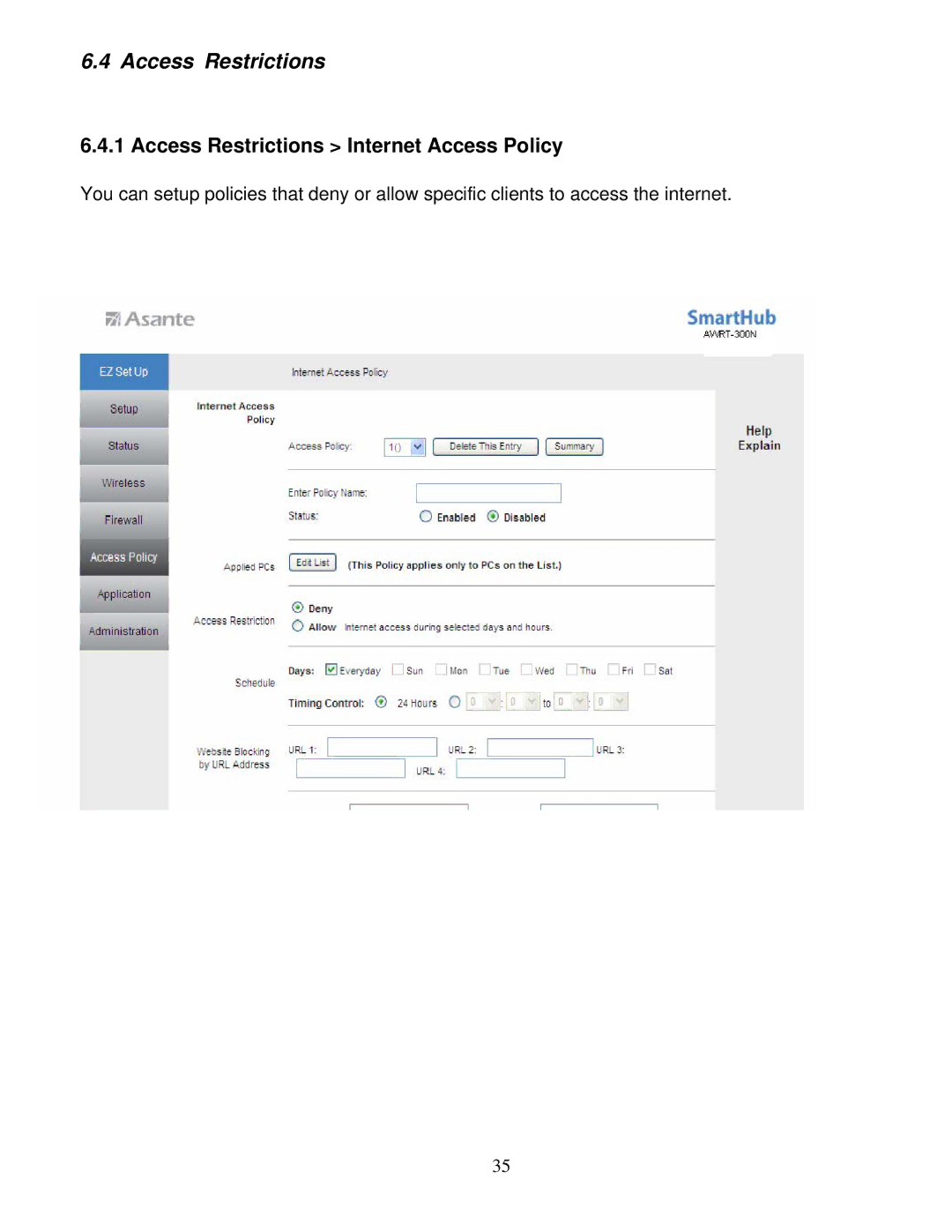 Asante Technologies AWRT-300N user manual Access Restrictions Internet Access Policy 