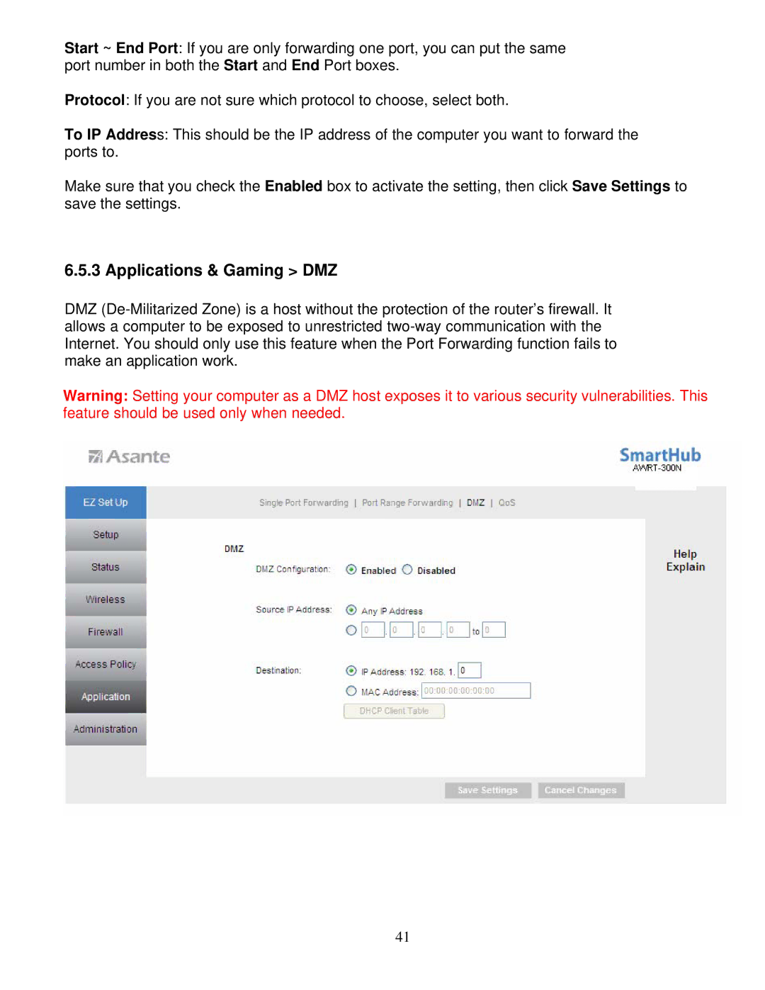 Asante Technologies AWRT-300N user manual Applications & Gaming DMZ 