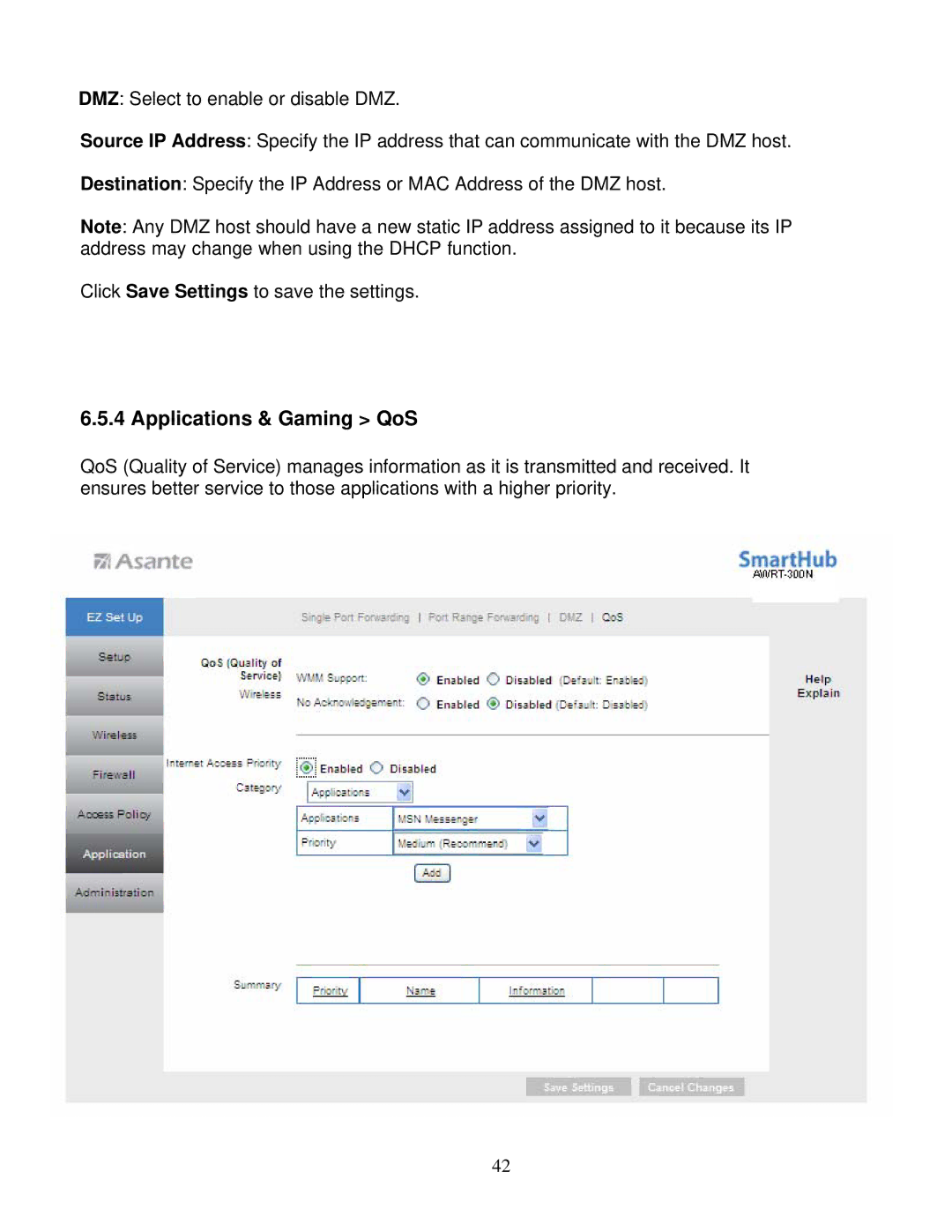 Asante Technologies AWRT-300N user manual Applications & Gaming QoS 