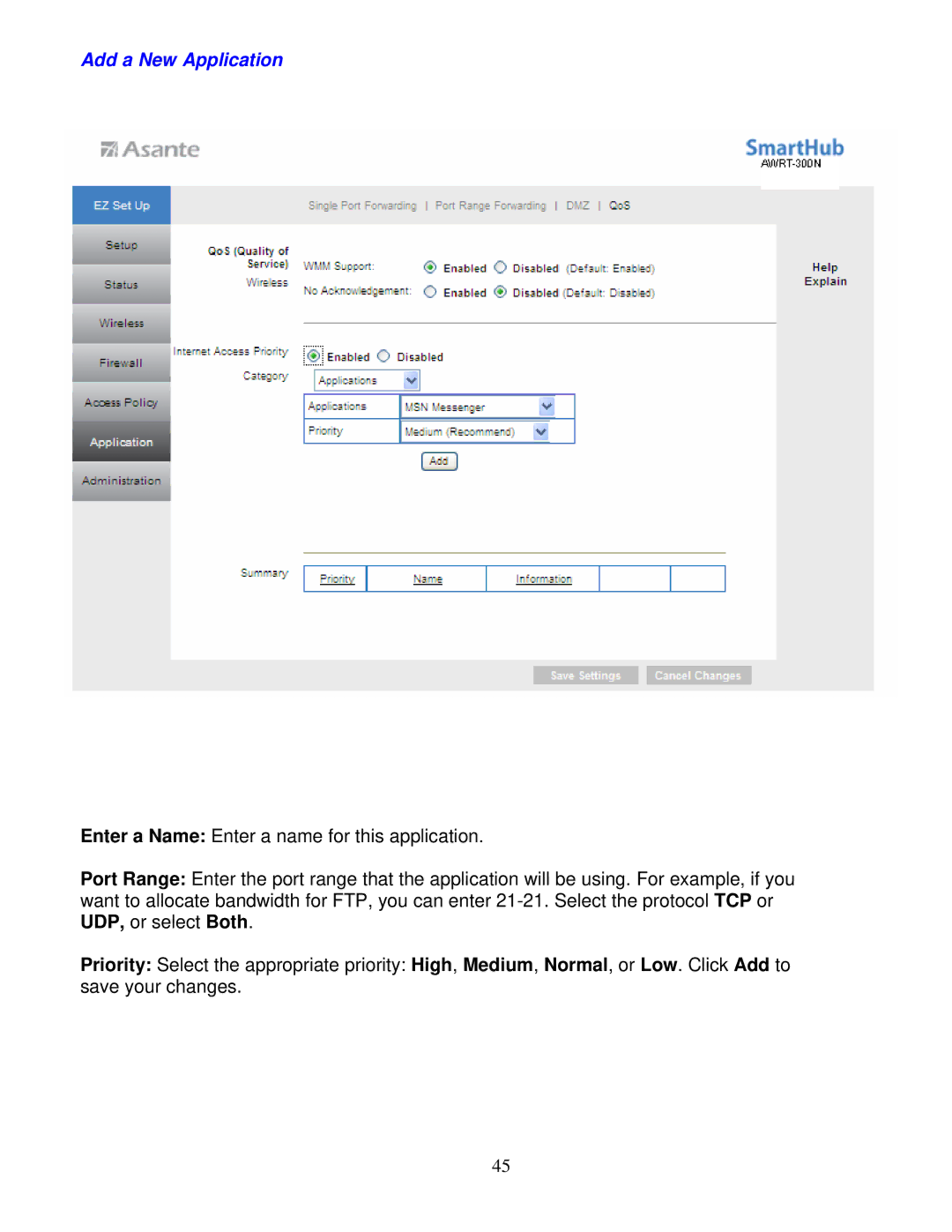 Asante Technologies AWRT-300N user manual Add a New Application 